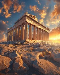 The historical Acropolis of Athens with the Parthenon temple at sunset, symbolizing ancient Greek civilization, in stock image style