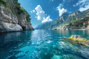 The sparkling waters and dramatic cliffs of the Amalfi Coast, Italy, a symbol of Mediterranean...