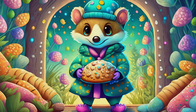 cartoon character Multicolored baby a badger baking bread in the oven, oil painting style