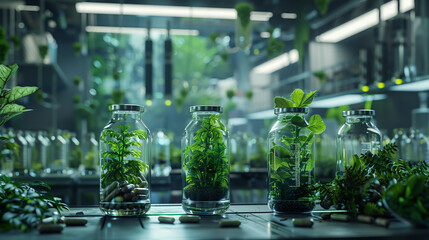 A futuristic botanical laboratory, where plant-based supplements are processed and transformed into sleek, high-tech capsules