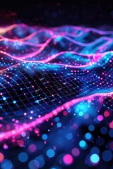 Fototapeta premium Abstract waves of glowing digital lines and dots, simulating an audio visualizer in hues of pink and blue against dark