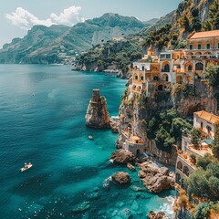 Aerial stock image of the Amalfi Coast, Italy, picturesque villages perched on steep cliffs...