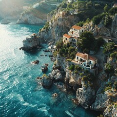 Aerial stock image of the Amalfi Coast, Italy, picturesque villages perched on steep cliffs...