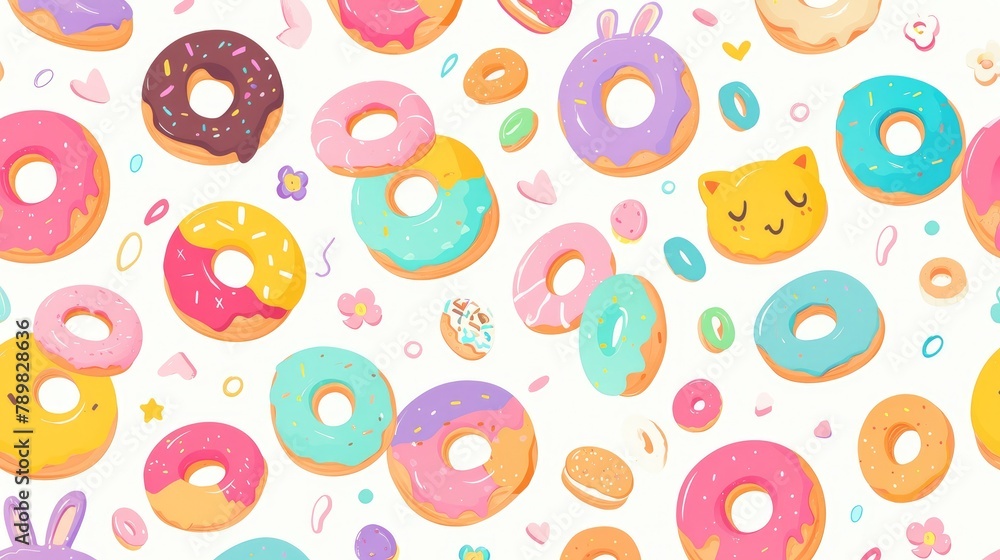 Poster a delightful doodle 2d featuring a pattern of assorted donut icons set against a crisp white backgro