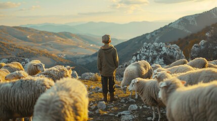 Shepherd boy with flock of sheep in the mountains, AI generated Image