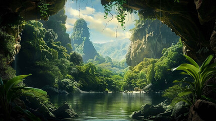Lush foliage conceals a hidden cave with water. Towering mountains complete the picture, creating a mesmerizing view of the tropical rainforest. 