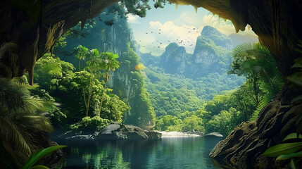 Explore a hidden cave with water, surrounded by lush greenery and towering mountains. This scene captures the beauty of the tropical rainforest.