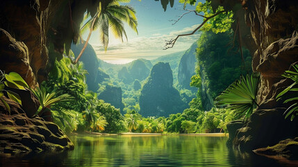 A hidden cave, filled with water, lies nestled amidst emerald green foliage. Towering mountains frame this immersive jungle vista.