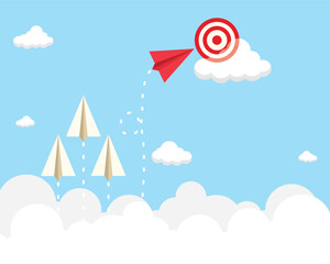 red paper plane flying towards the target above the clouds,concept of different business ideas will lead to quick success,take different paths to achieve the goal.