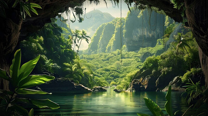 Lush greenery conceals a hidden cave with water, offering a breathtaking view of the towering mountains and vibrant rainforest.