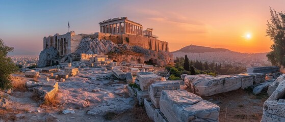documentary photography of the Acropolis of Athens, historic ruins at sunrise, inspiring and wonder, stock photo