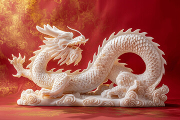 A magnificent white marble Chinese dragon, adorned with molten gold accents, rises from a fiery red and gold background. 