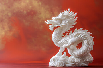 A white marble Chinese dragon, intricately detailed with melted gold, emerges from a dramatic red and gold gradient background.