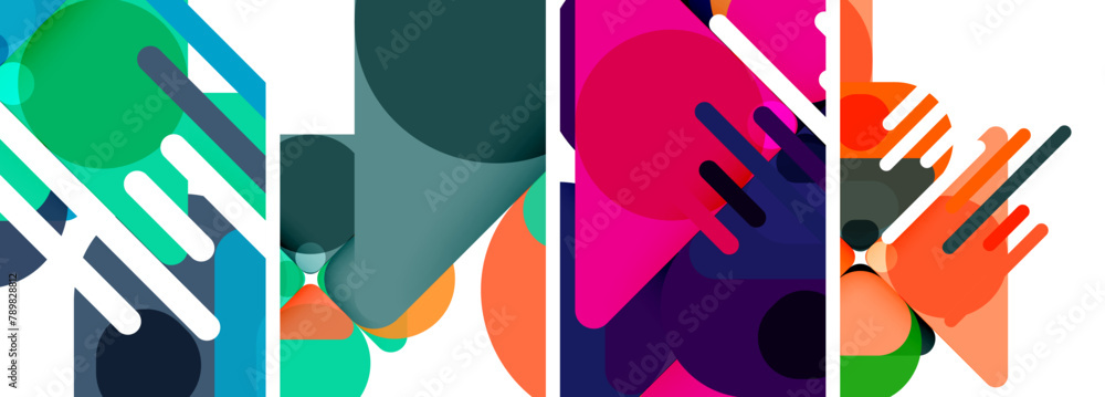 Poster a collage of vibrant images in various shapes like rectangles, circles, and patterns with bold color