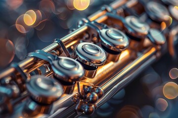 Fototapeta premium Close-up of a flute with shiny keys and bokeh lights in the background.