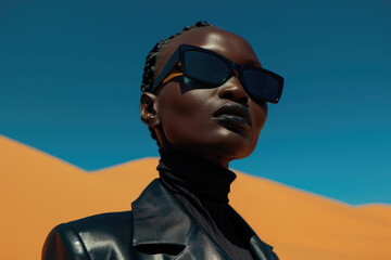 Portrait of black female model in colorful futuristic jacket on monochromatic desert sand dunes