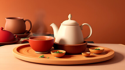 Naklejka na ściany i meble Indian Chai or Tea in a cup placed on a table with Isolated Indian Background with copy space, Hot Tea, pot tea 