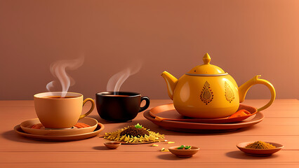 Fototapeta premium Indian Chai or Tea in a cup placed on a table with Isolated Indian Background with copy space, Hot Tea, pot 