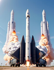 Naklejka premium A Rocket Launch from a Mobile Platform vehicle. Hypersonic Missile Launch with Smoke and Fire. Military Defense System. Hypersonic missiles, Missile defense systems, launch