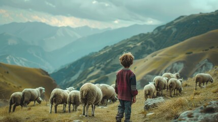 Shepherd boy with flock of sheep in the mountains, AI generated Image