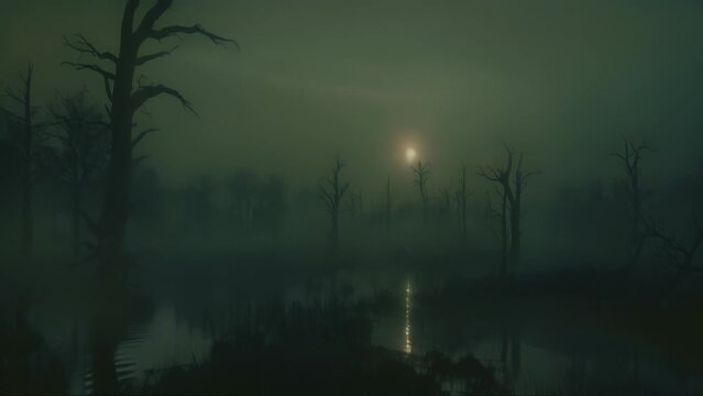 Spooky dark forest landscape at night. 4k video animation
