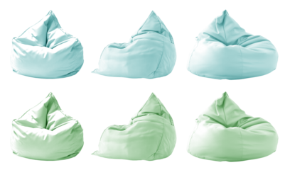 2 Collection set of pastel green turquoise blue plain beanbag bean bag seat chair, front side view on transparent cutout, PNG file. Many angle. Mockup template for design
