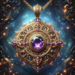 Magical pattern pendant with amethyst crystal in the center.