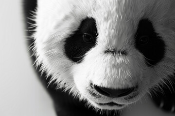 Detailed close-up of a minimalist black and white panda face on a white surface, captured with...