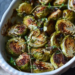 Leaves of crispy roasted Brussels sprouts in a dish
