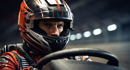 Closeup of A Racer in a helmet driving a car on the track. fully covered face, visible shining eye, black helmet