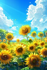 Vector Sunflowers Meadow in Oil Painting  Flowers Banner with Blue Sky and Clouds