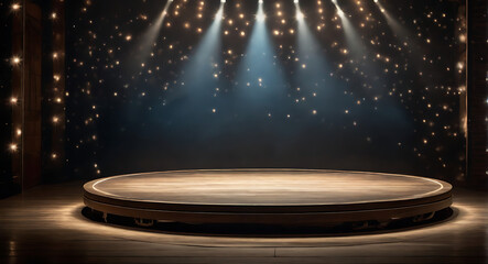 Empty round circular platform Stage Illuminated by Spotlights with Stars in Background and copy space, sparkle