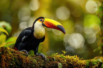 Obraz premium a hornbill or toucan bird on branch of tree in forest 