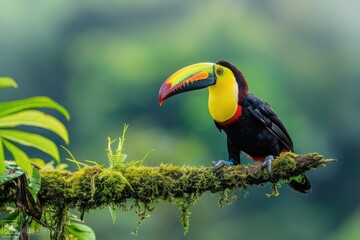 Obraz premium a hornbill or toucan bird on branch of tree in forest 