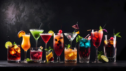 Cocktails assortment served on dark background. Classic drink menu concept. Copy space, panorama