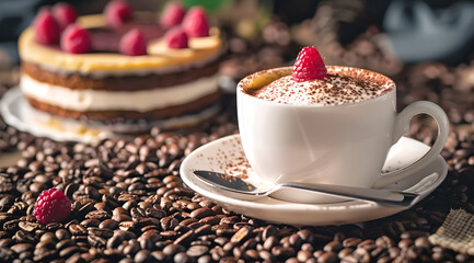 cup of coffee with chocolate and strawberry - obrazy, fototapety, plakaty