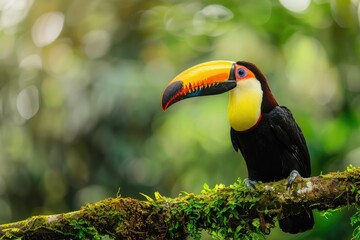 Fototapeta premium a hornbill or toucan bird on branch of tree in forest 