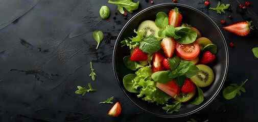 a bowl of healthy fresh fruit with salad leaves isolated on dark background