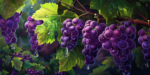 bunch of purple grapes hanging from the vine, with water droplets on them, generative AI