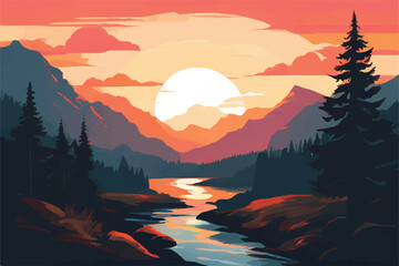 Beautiful Sunset in mountains. Vector Background. Sunset in the mountains.  image of a sunset, the dawn sun over the mountains in the background and a thick forest down to the valley in the foreground