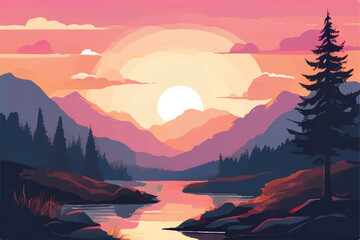 Fototapeta na wymiar Beautiful Sunset in mountains. Vector Background. Sunset in the mountains. image of a sunset, the dawn sun over the mountains in the background and a thick forest down to the valley in the foreground