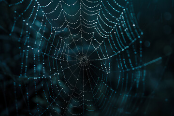 a dark background with raindrops on a spider web - obrazy, fototapety, plakaty
