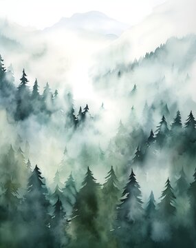 Watercolor Painting Of Fog In The Mountains With Trees Mossy, Eco Bohemian Aesthetic Wall Print, Banner, Wallpaper, Invitation Card, HD Realistic 