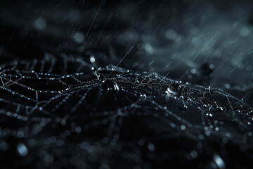 a dark background with raindrops on a spider web - obrazy, fototapety, plakaty