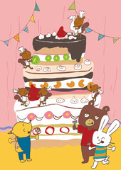 デコレーションケーキを食べようとしている動物たちのイラスト