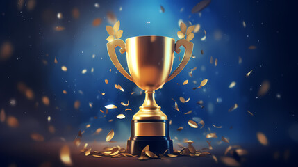 Gold first place winner trophy with falling confetti and ribbons