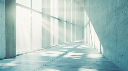 Sunlight casting shadows in a modern concrete hallway. Architectural photography with a minimalist aesthetic and natural lighting