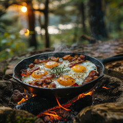 Camping breakfast with fried eggs and bacons