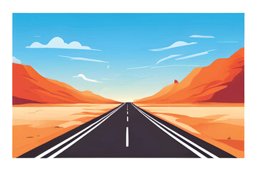 Road through hot Desert. Vector Illustration. Desert landscape illustration with beautiful sunset view. road with desert landscape. Desert.Sunset desert road way landscape vector graphic illustration.