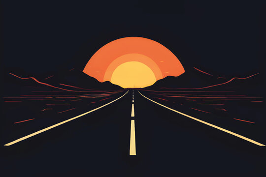 Road through hot Desert. Vector Illustration. Desert landscape illustration with beautiful sunset view. road with desert landscape. Sunset desert road way landscape vector graphic illustration.